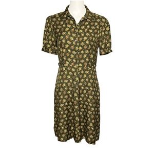 Laura Ashley Vintage Ditsy Floral Shirt Dress Olive Green Size 8 US Cottagecore